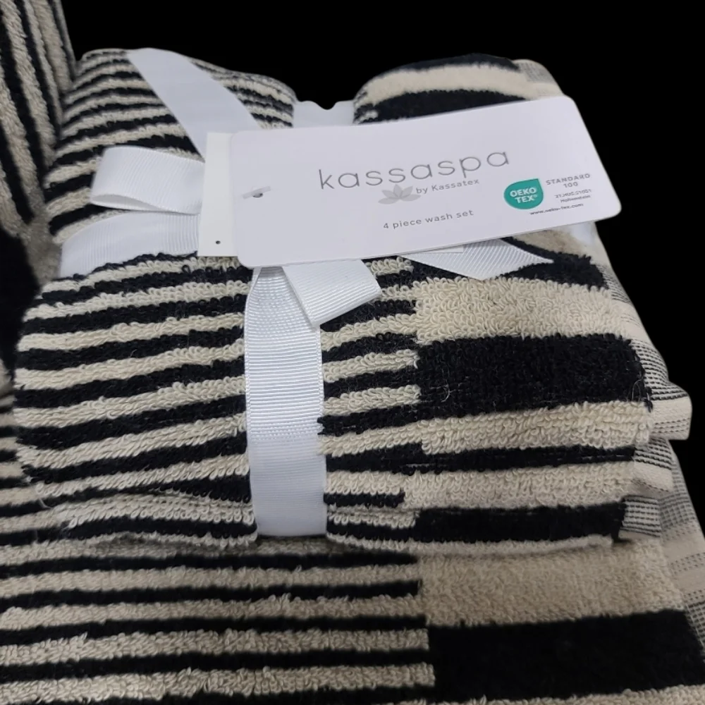 8pc Kassa Spa Tan & Black Stripe Plush Bath Hand Washcloth Towel Set 100% Cotton